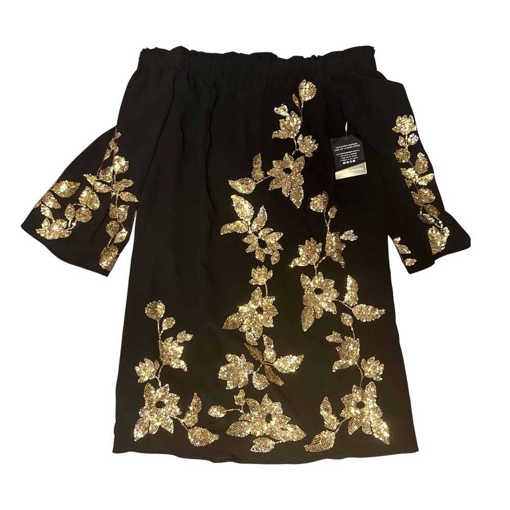 Boston Proper Womens Black Gold Sequin Floral Off Shoulder Tunic Top Size S NEW